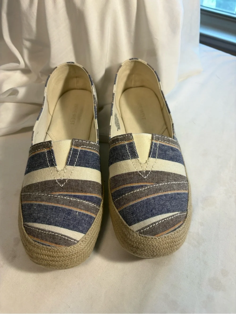 Nine West Striped Canvas Espadrille Slip-Ons in Navy, Cream and Tan